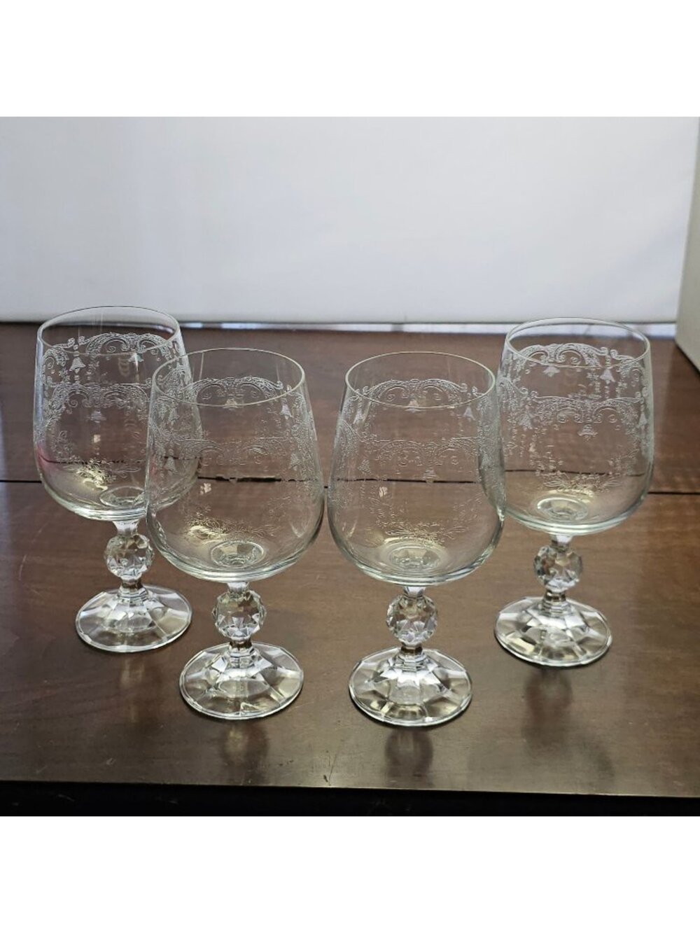 4 Import Assoc Cascade Water Goblets 6.7" etched crystal romantic floral glasses